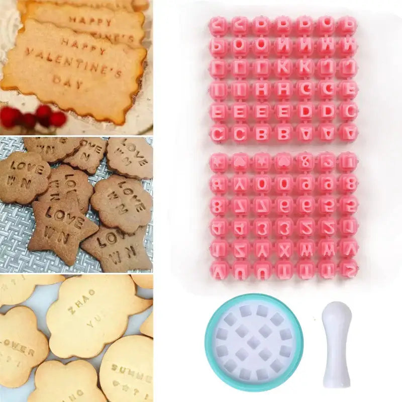 Pink and blue decorbites cookie stamps set with plastic letter molds teal grid stamp pad and white handle tool for baking