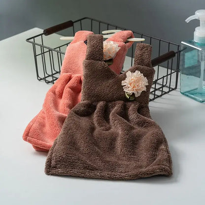 Brown plush hand towel dress with peach flower embellishment for decorbites kids cute kitchen and bathroom use