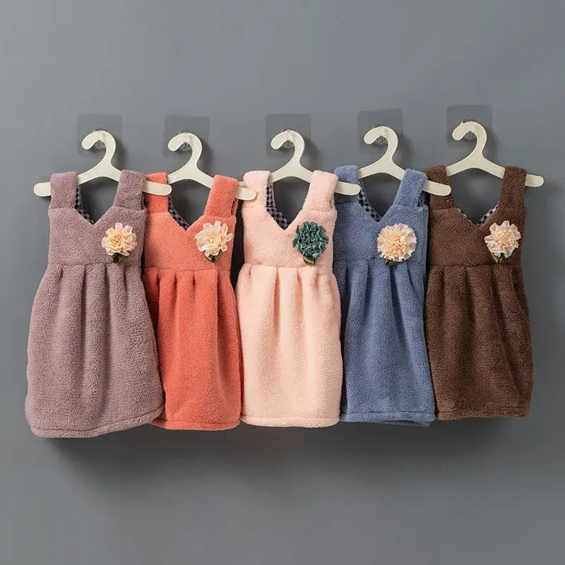 Five pastel-colored kids cute dress hand towels with floral embellishments made of soft terry cloth for kitchen decorbites