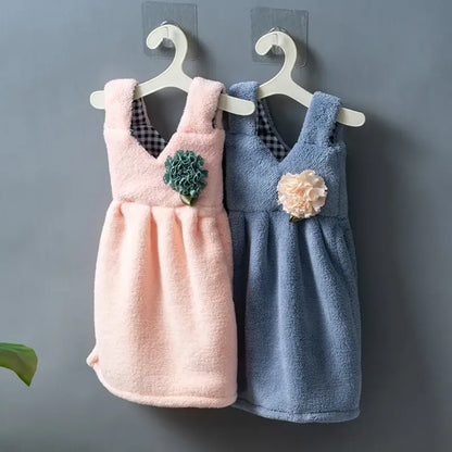 Pink and blue kids cute dress hand towel with floral embellishments for kitchen and bathroom decorbites hand towel