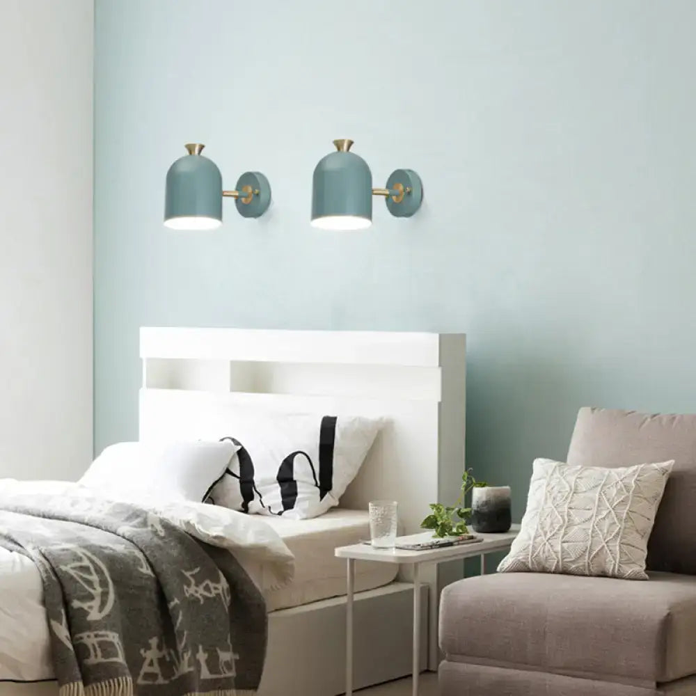 Pair of teal dome-shaped wall light sconces with brass accents cup shade ideal for dining room sconce lamp lighting