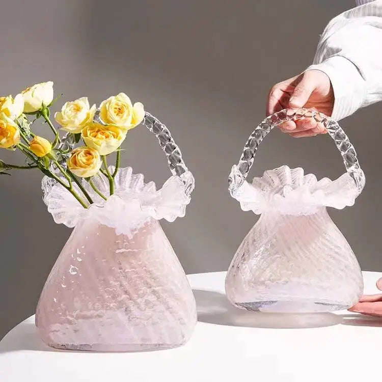 Translucent pink and clear decorbites crystal flower basket glass vase with textured ruffled rim and ornate crystal handle