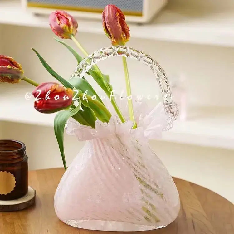 Pink and clear crystal decorbites crystal flower basket vase with textured ruffled rim and red tulips for living room decor