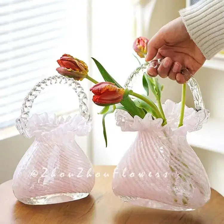 Pink and clear decorbites crystal flower basket vase with twisted handles and ruffled edges for living room decor