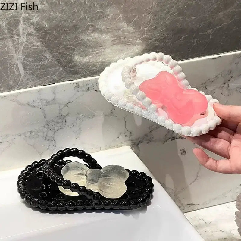 Pink and clear silicone flip flop soap dish drainage rack with beaded edges for bathroom dish drainage rack accessory