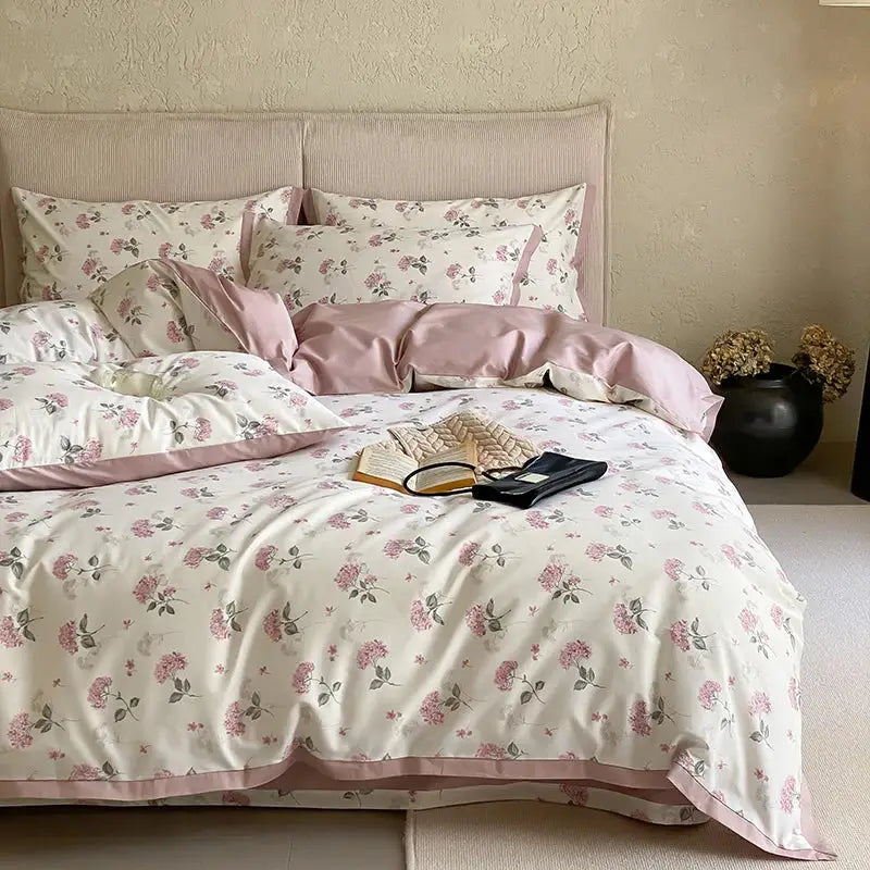 Pink and cream floral egyptian cotton print bedding set with satin trim for elegant bedroom decor