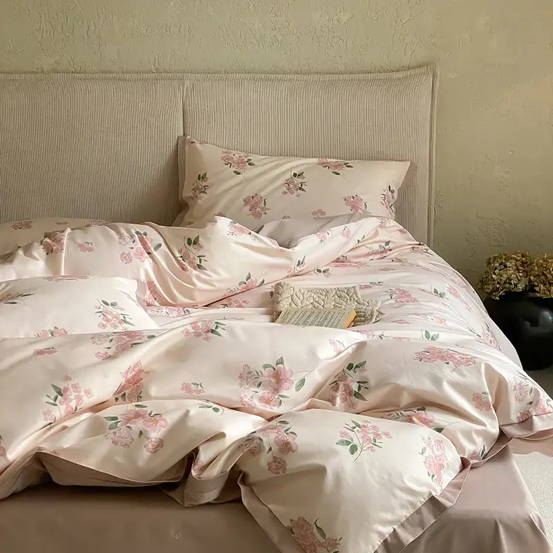 Pink floral satin duvet cover bedding set with matching pillowcases in egyptian cotton print for bedroom use