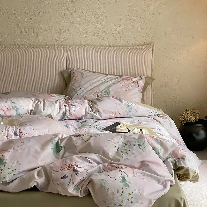 Soft blush-pink satin egyptian cotton print bedding set with delicate floral patterns and green leaf accents for bedroom use