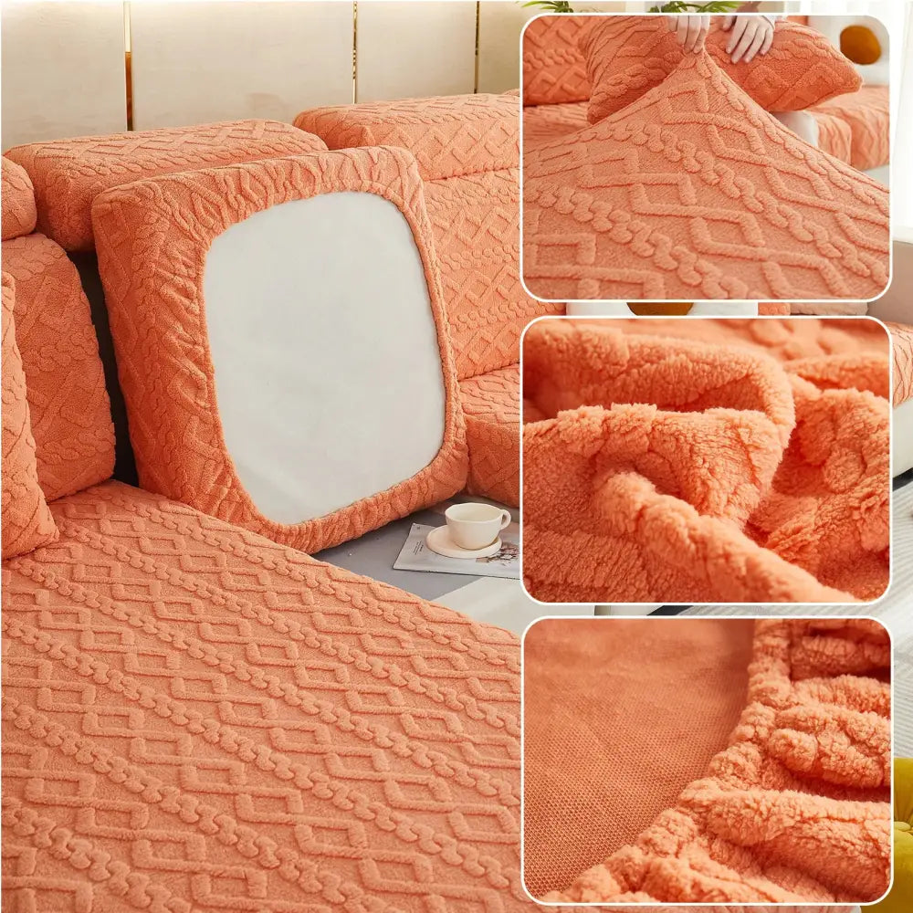 Orangish-pink plush velvet sofa cover with diamond-knit pattern and elasticized edges for living room protection
