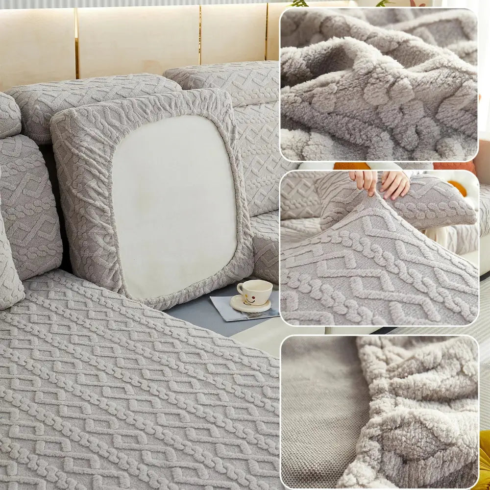 Gray knit fabric sofa cover with textured cable knit pattern and plush inner lining for living room seat protection