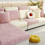 Pink and cream quilted velvet sofa cover with textured knit pattern for living room seat protection