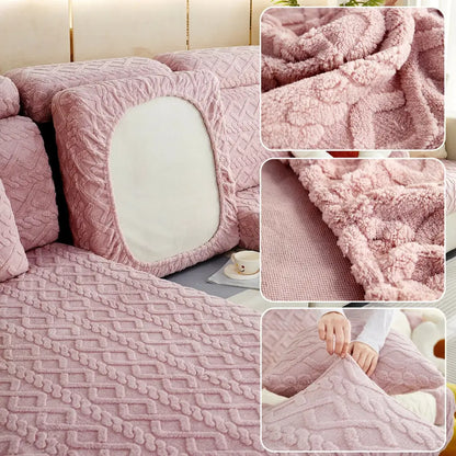 Pink plush knit sofa cover with textured cable knit pattern and stretchy elastic edges for living room protection