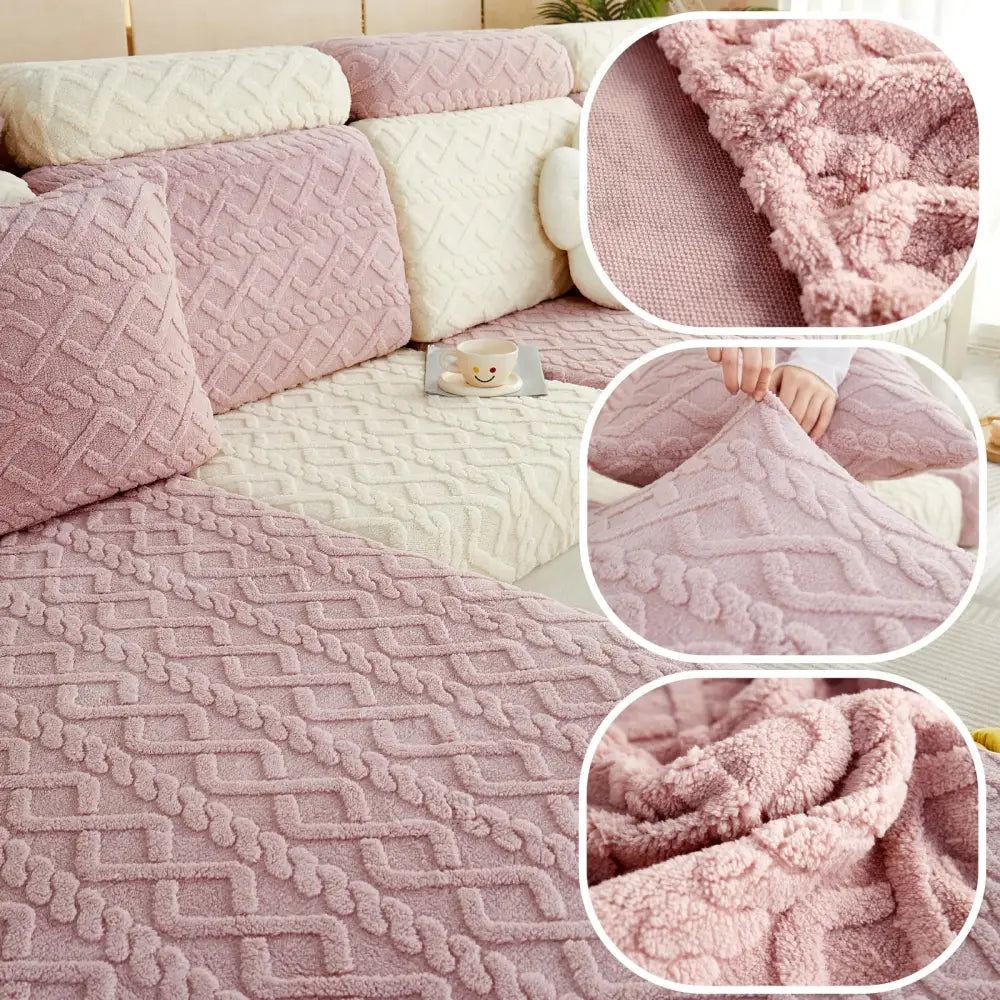 Pink and cream knit sofa cover with cable knit texture and plush fleece lining for living room seat protection