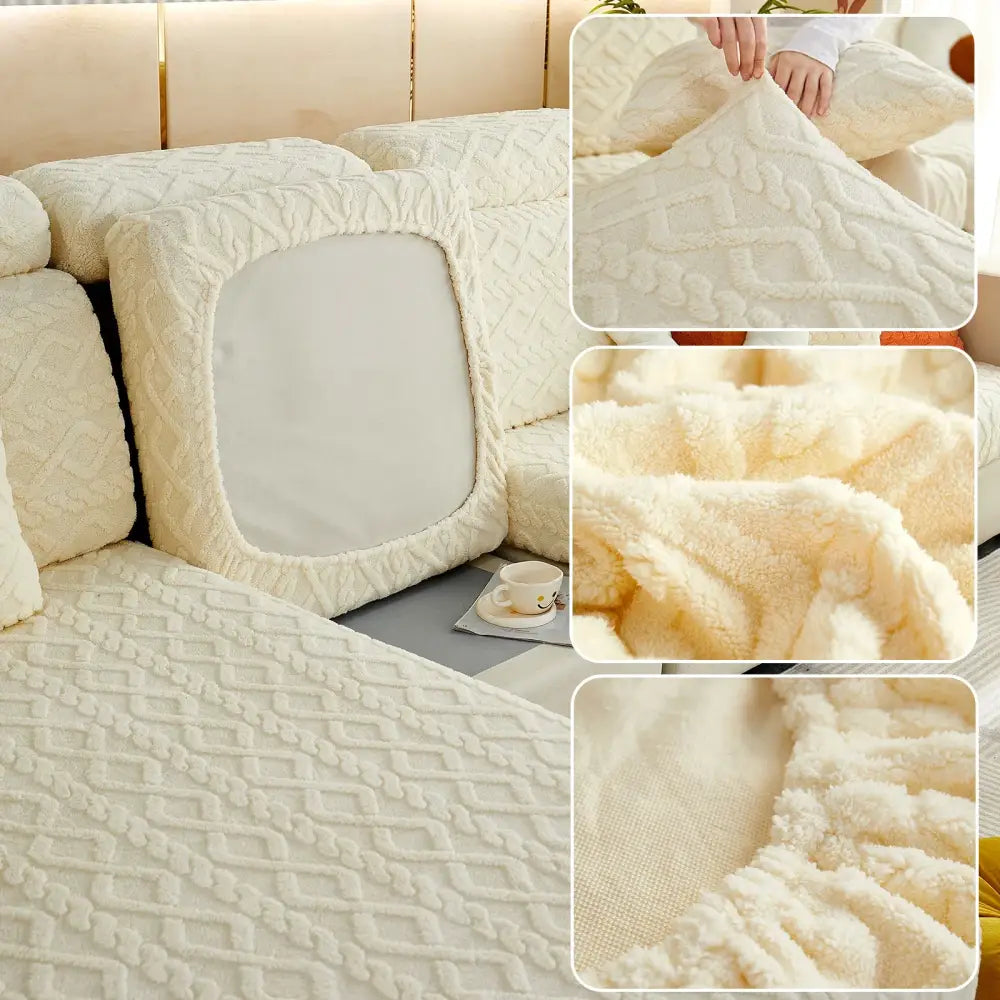 Cream-colored plush cable-knit cushion covers with fleece lining for pink and cream quilted velvet sofa cover seat protector