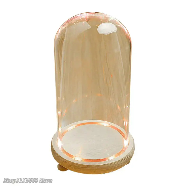 Clear glass dome night light with pink and gold dry flower ornaments and warm LED lighting on wooden base