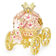 Delicate pink and gold princess carriage jewelry trinket box with rhinestones and white bunny figurine for bedroom decor