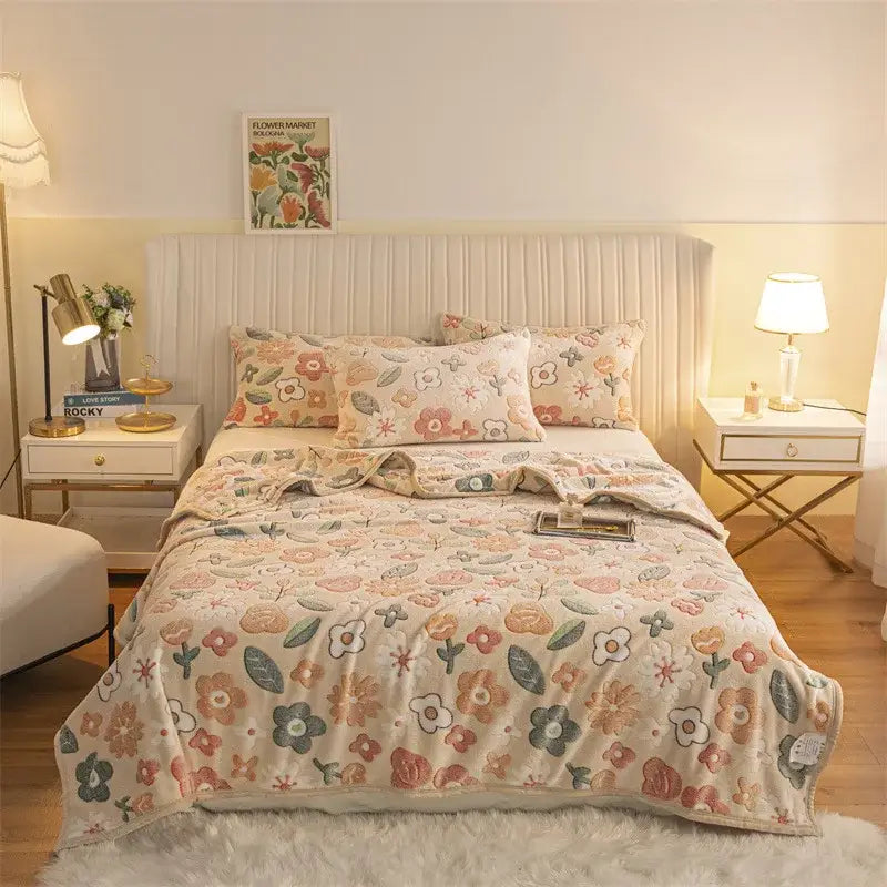 Soft cream floral quilt showing the back side of the pink and gray bunny double sided plaid fleece blanket softness