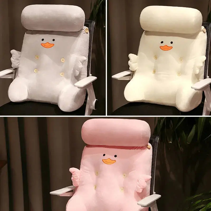 Adorable white and pink plush dumb duck square chair cushion with embroidered orange beak and gold button details