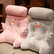 Pink and gray dumb duck square plush backrest with embroidered orange beak and button details for bedroom cushion