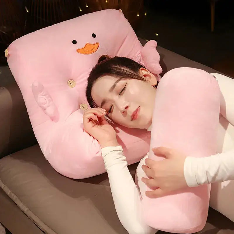 Pink and gray dumb duck square plush backrest cushion featuring a pink duck design with embroidered eyes and buttons