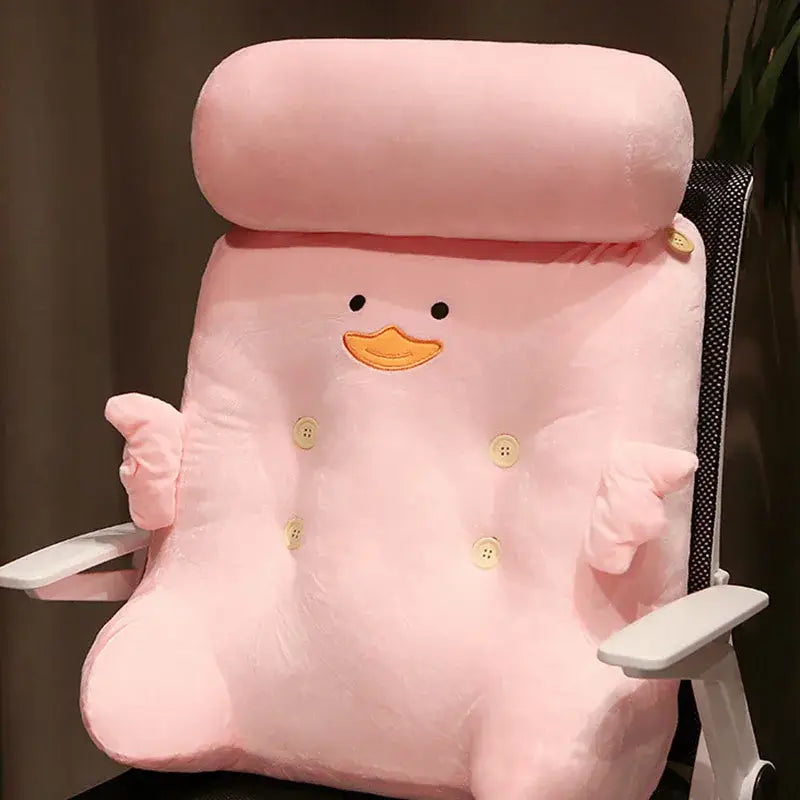 Pink and gray dumb duck square plush backrest bedroom cushion with pink plush duck design and decorative yellow buttons