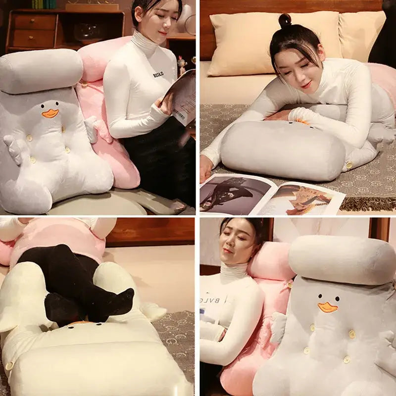 Soft white plush dumb duck square backrest pillow with orange beak and yellow buttons for bedroom cushion
