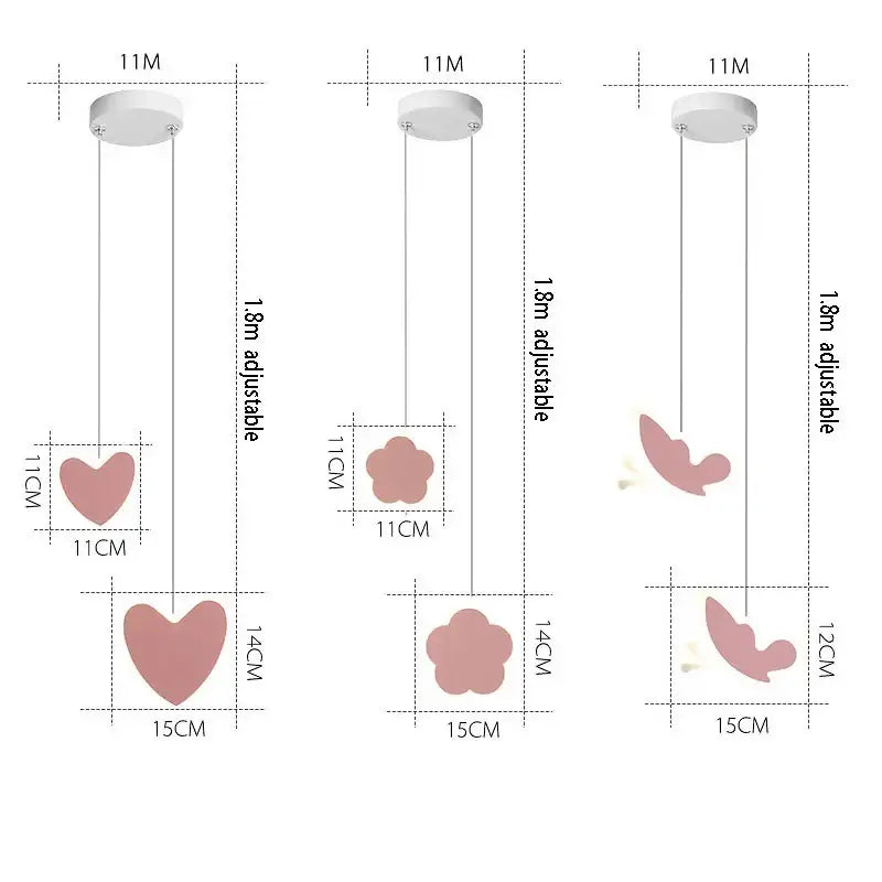 Pink and gray heart blossom butterfly led chandelier with pastel pink heart-shaped pendant lights for bedroom lighting
