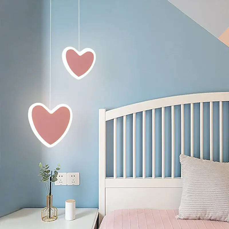 Pink and gray heart blossom butterfly led chandelier featuring pink heart-shaped led pendant lights with white outlines