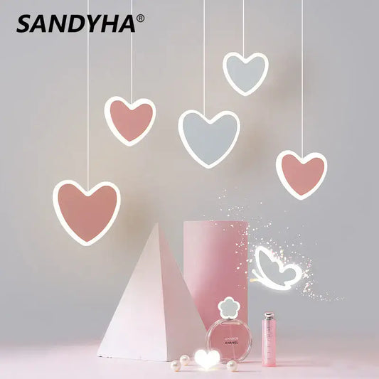 Pink and gray heart blossom butterfly led chandelier with white outlines and thin cords for bedroom lighting