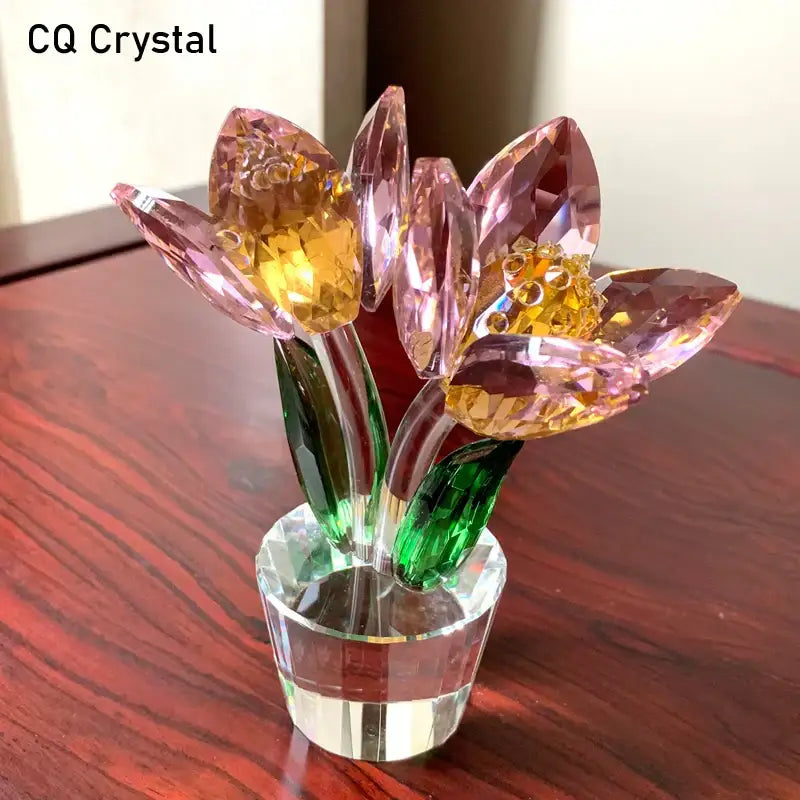Sparkling decorbites crystal tulip lily flower sculpture with pink and yellow faceted tulips in clear crystal vase for living room decor