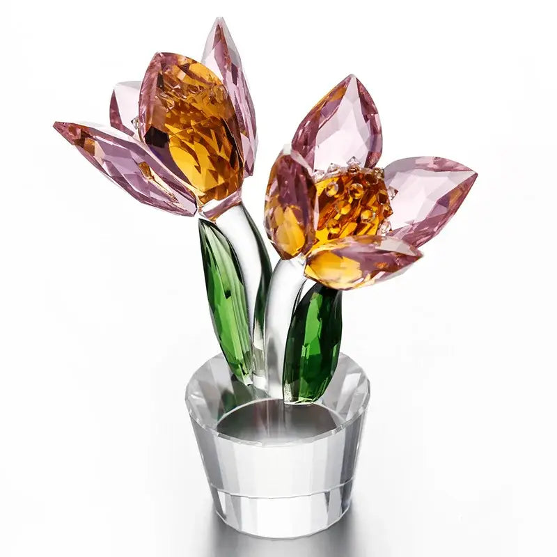 A pink and green crystal tulip lily flower sculpture with amber and pink petals for living room decorbites crystal tulip