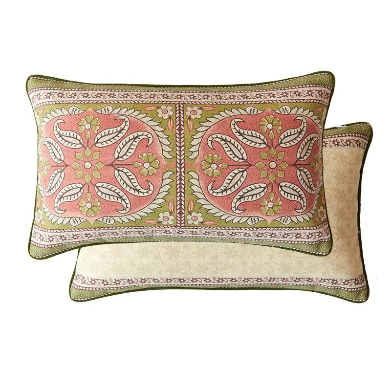 Rectangular cream fabric pillow with embroidered pink and green datura flowers print for living room decor