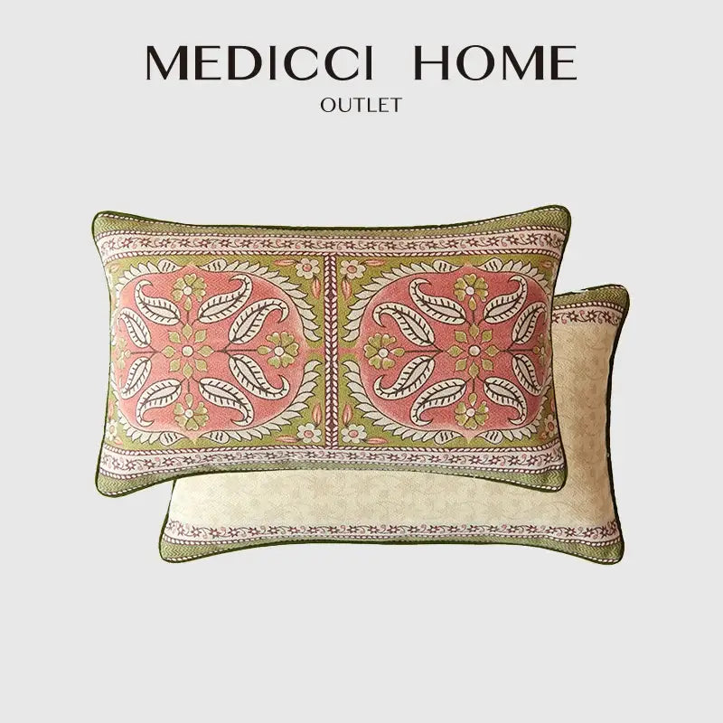 Rectangular cushion cover with intricate pink and green datura flowers print embroidery on beige fabric for living room decor