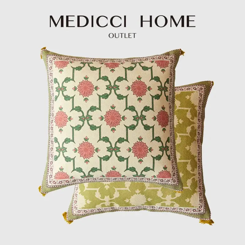 Medicci home outlet square throw pillow with pink and green datura flowers print on cream background and yellow tassels