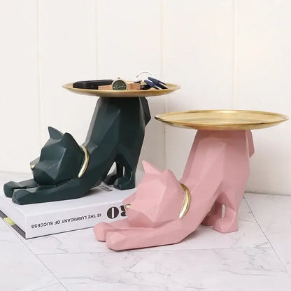 Two geometric cat storage trays in matte dark green and soft pink with gold circular plates for hallway use