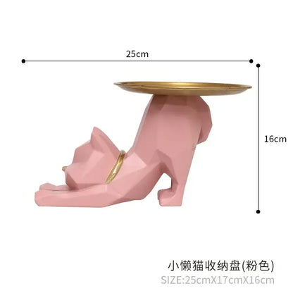 Pink geometric cat storage tray with a gold plate and collar for entrance hallway cat storage figurines