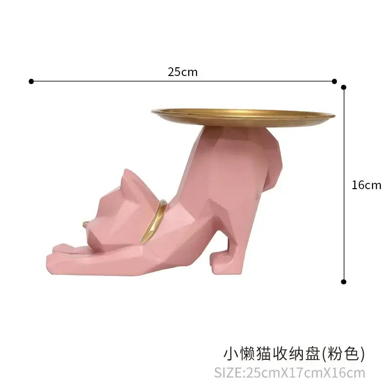 Pink geometric cat storage tray with a gold plate and collar for entrance hallway cat storage figurines