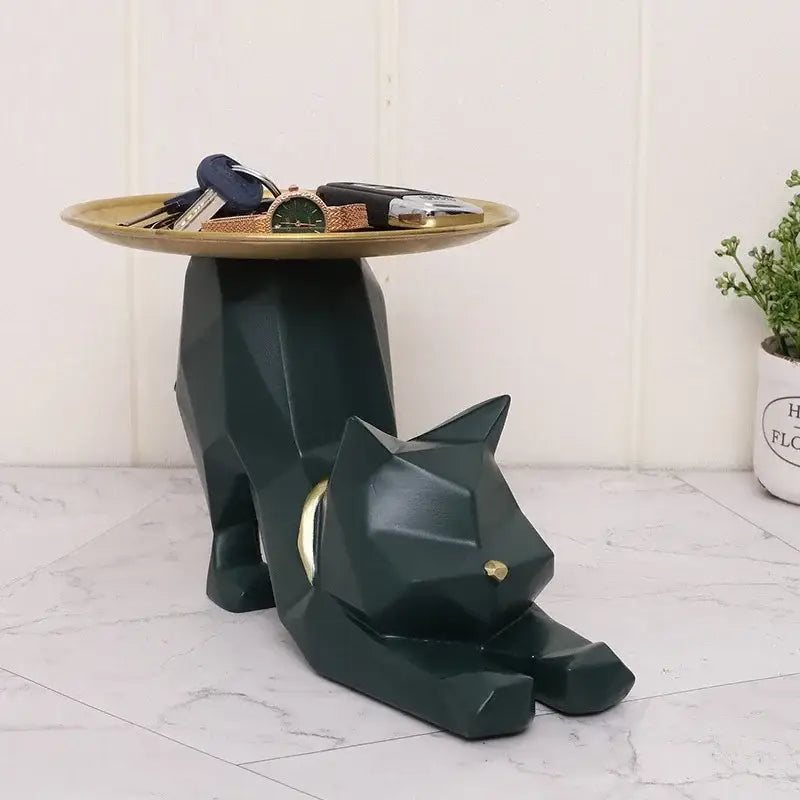 Dark green geometric cat storage tray with gold circular plate on back for pink and green cat storage figurines