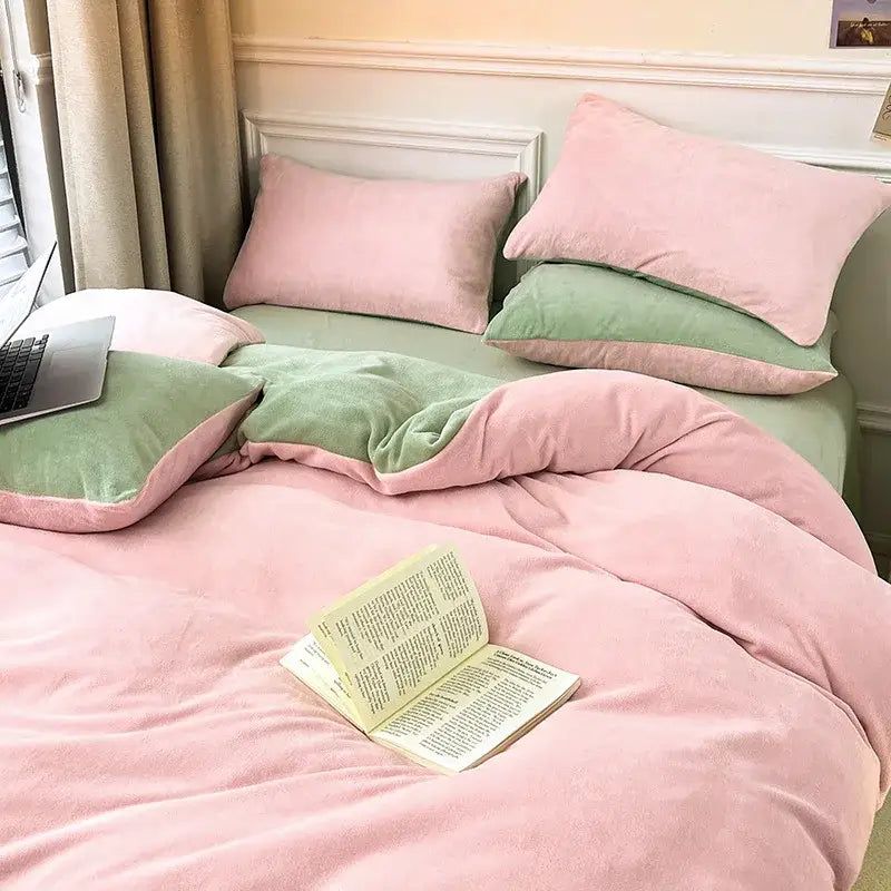 Pink and green milk velvet bedding set with velvet duvet and matching pillows for winter bedroom comfort
