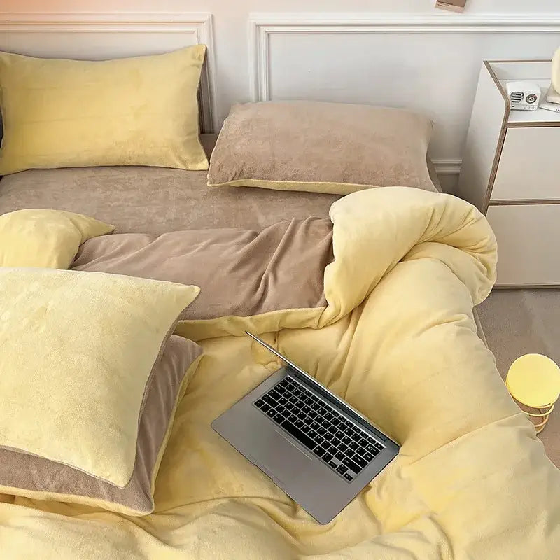 A cozy yellow and beige fleece duvet set with matching pillows in milk velvet bedding sets for winter comforter use