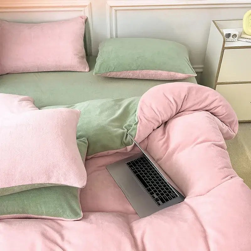 Pink and green milk velvet bedding set featuring velvet duvet and matching pillows ideal for winter bedroom comfort