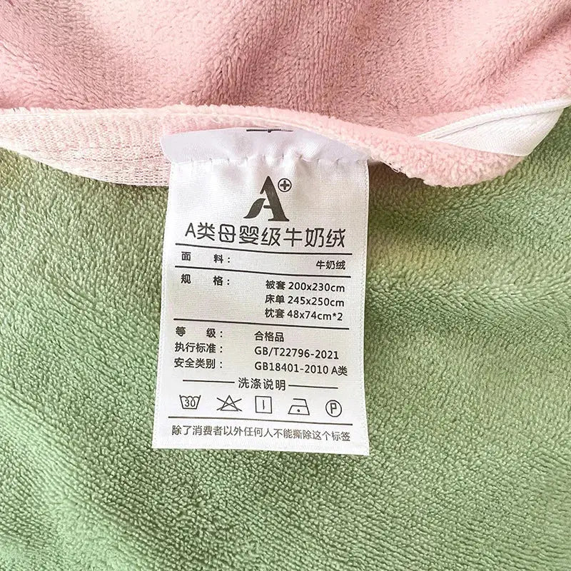 A soft pink and green milk velvet bedding set made of a-class infant-grade milk cotton for winter comforter use