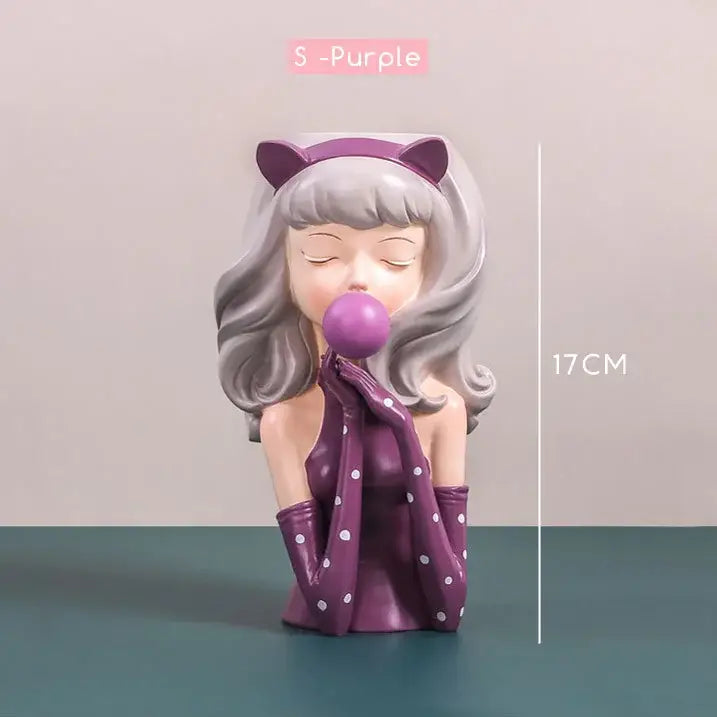 Purple resin bubble gum girl figurine with gray hair and cat ears, pink and purple flower vase decorbites bubble gum design
