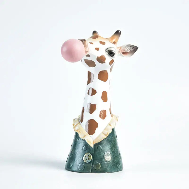 A whimsical resin flower vase decorbites bubble gum bubble gum girl giraffe with white body, brown spots, and green polka pants