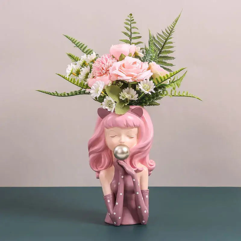 Pink resin flower vase shaped like a bubble gum girl with cat ears for decorbites bubble gum living room decor