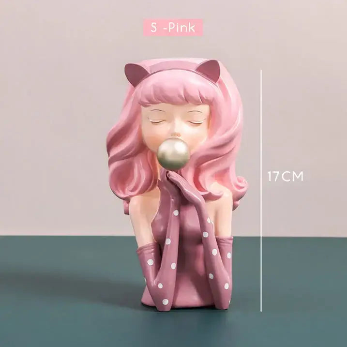 Pink and purple resin flower vase decorbites bubble gum bubble gum girl figurine blowing a pearl bubble with wavy hair