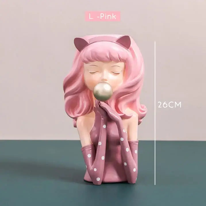 Pink and purple bubble gum girl flower vase decor featuring a resin figurine with pink cat ears blowing a metallic bubble