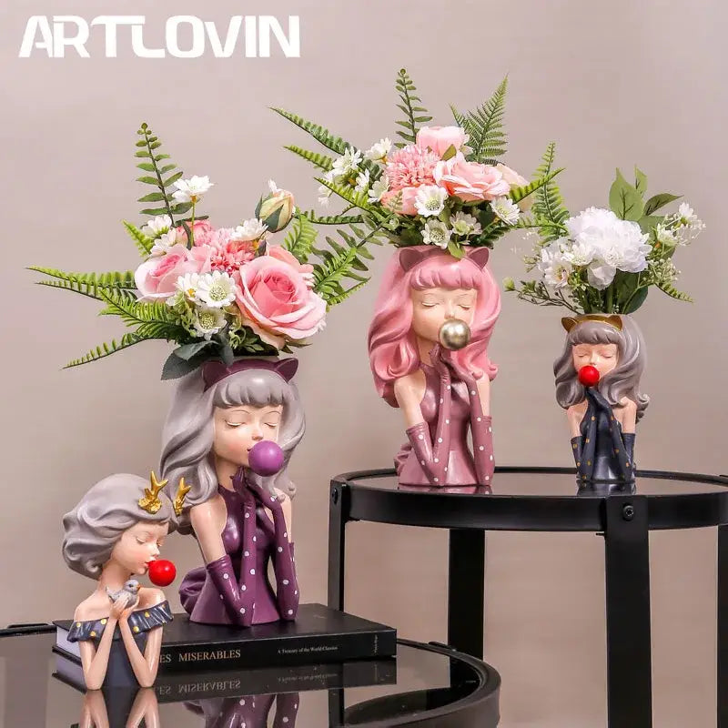 Pink and purple resin bubble gum girl flower vase decorbites bubble gum living room decor with cat ears and bouquets