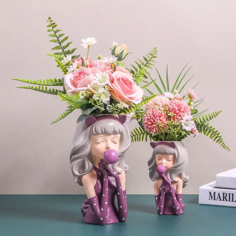 Purple resin bubble gum girl flower vases by decorbites featuring polka-dot dresses and bouquets for living room decor