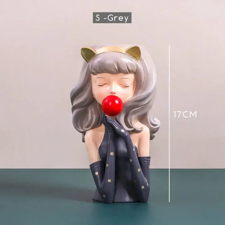 S-grey cat-eared bubble gum girl resin figurine with silver-gray hair and gold ears for decorbites bubble gum flower vase